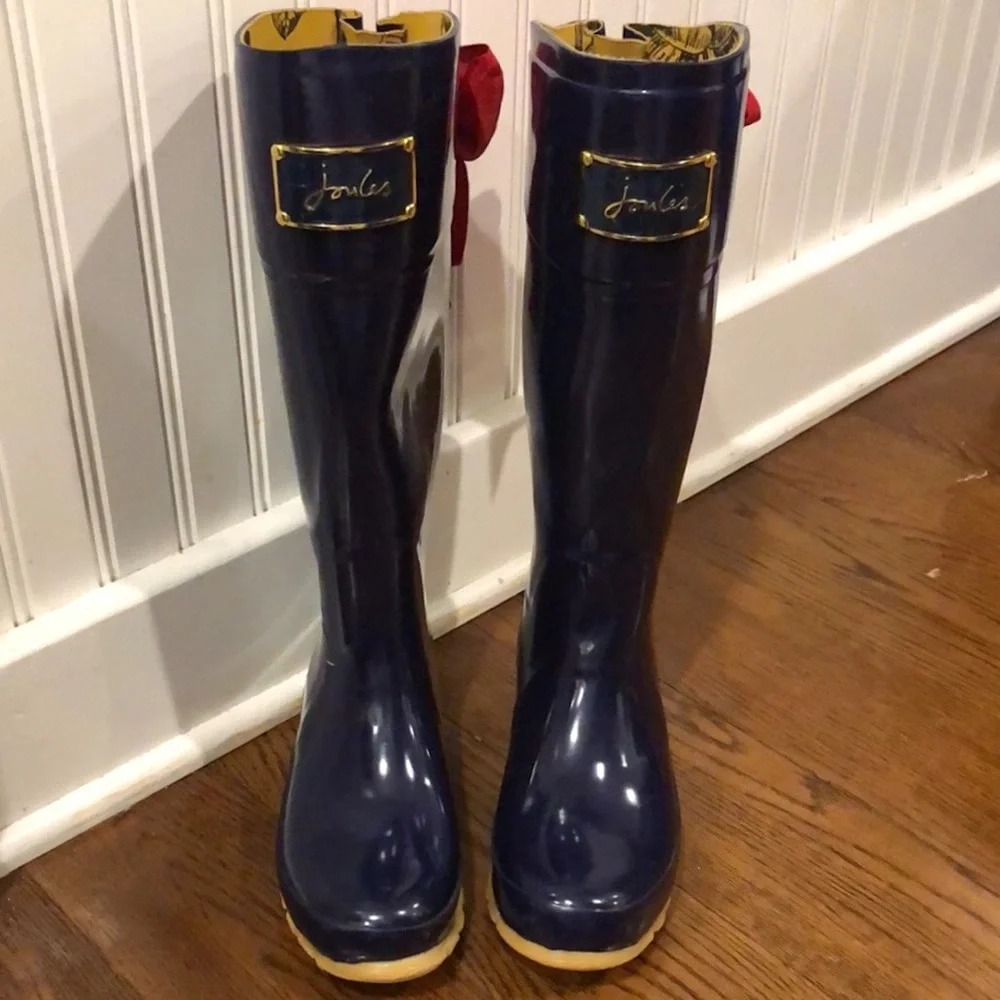 JOULES Navy Blue Tall Rain Boots with Red Bow and Toile Lining Size 9 - Picture 8 of 13